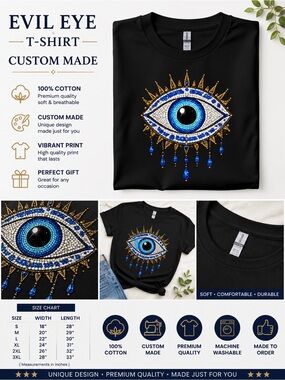 Evil Eye Graphic Short Sleeve Tee - Black & Blue custom made by me S M L XL NEW